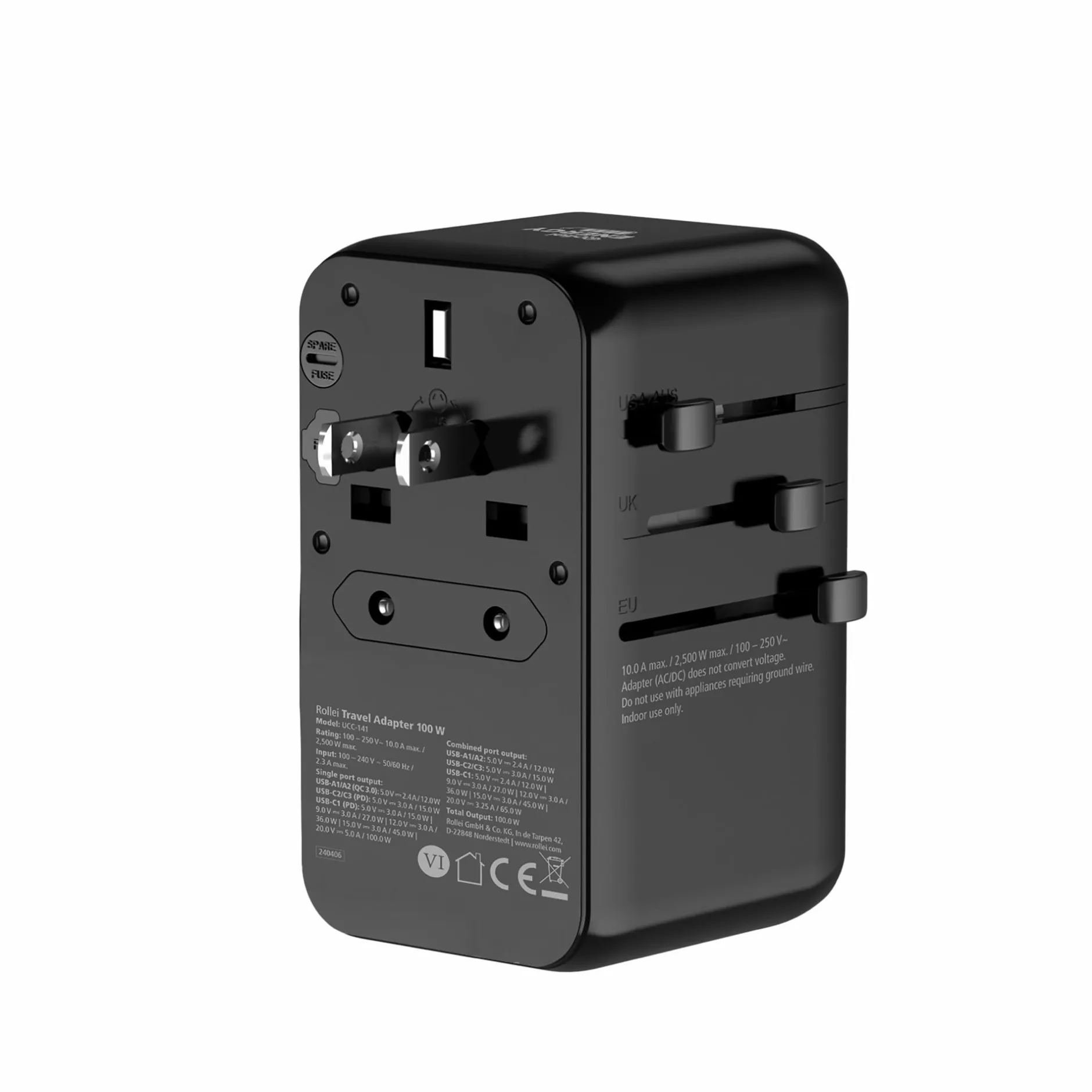 Rollei Netzteile|Reiseadapter-Reiseadapter I 100 Watt I mit 3 USB-C- & 2 USB-A-Anschlüssen